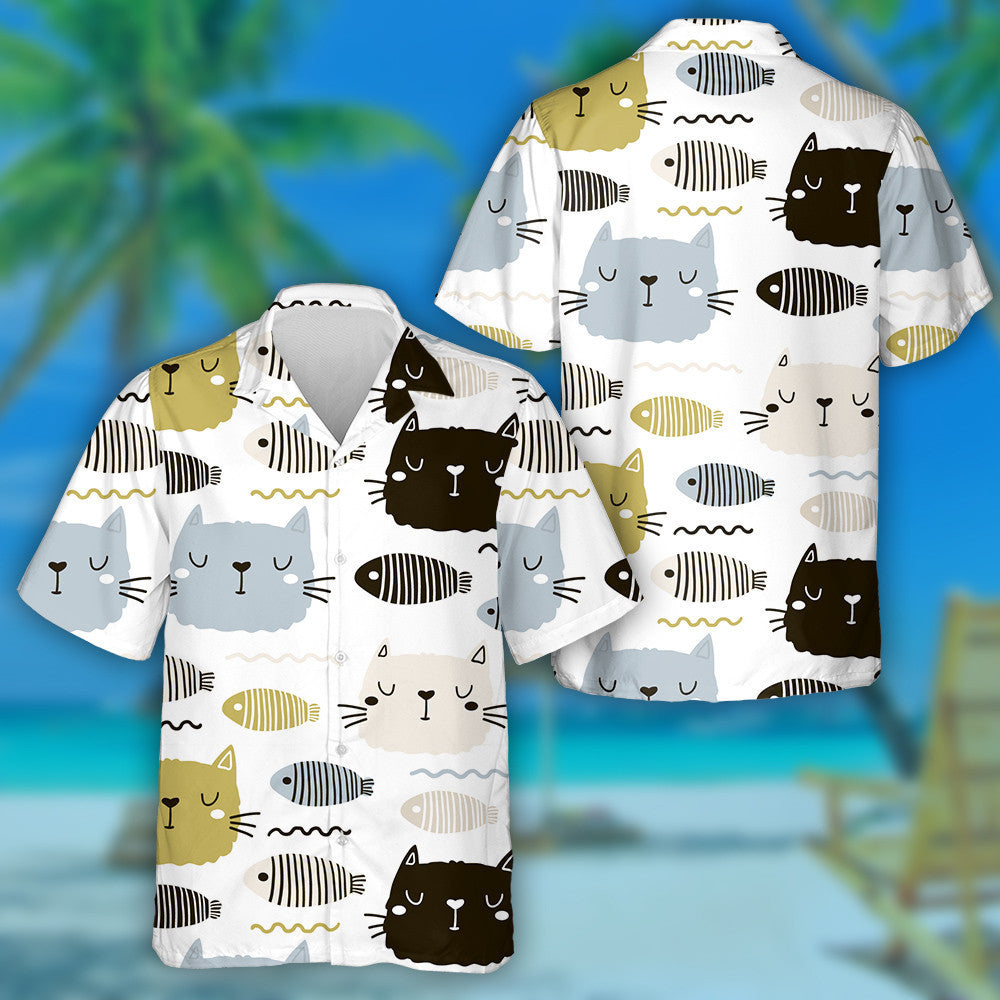 Cute Cat And Fish Faces Animal Background Hawaiian Shirt, Hawaiian Shirt Gift, Christmas Gift