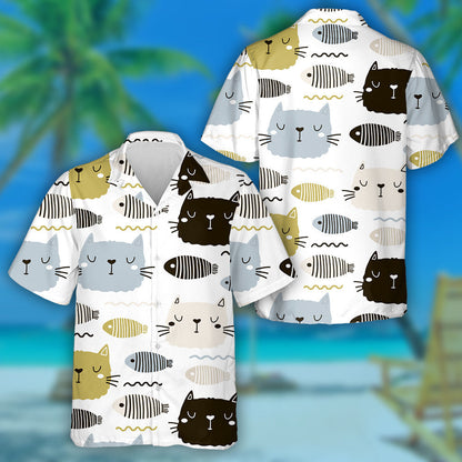 Cute Cat And Fish Faces Animal Background Hawaiian Shirt, Hawaiian Shirt Gift, Christmas Gift