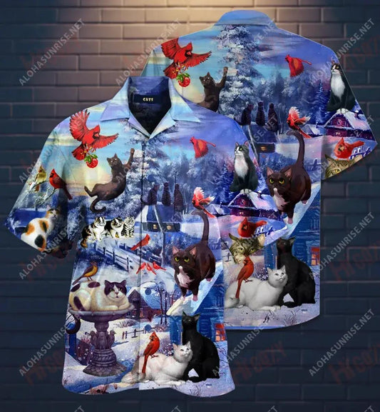 CCats ag Breathnú ar Éin Cairdinéalacha Léine Gearr Haváís Samhraidh Gearr Muinchille Samhraidh Oirbheartaíochta Léine Haváís Patrún Léine Haváíais, Bronntanas Léine Haváís, Bronntanas Nollag