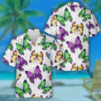 Hand Drawn Colorful Butterflies On White Hawaiian Shirt, Hawaiian For Gift