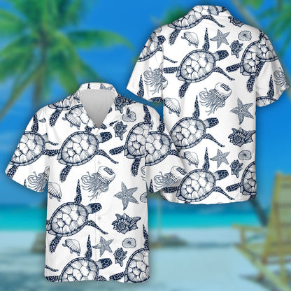 Blue Turtles Jellyfish And Starfish Hand Drawing Hawaiian Shirt, Hawaiian Shirt Gift, Christmas Gift