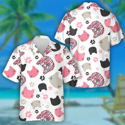 Cats Heads And Tiger Skin On White Hawaiian Shirt, Hawaiian Shirt Gift, Christmas Gift