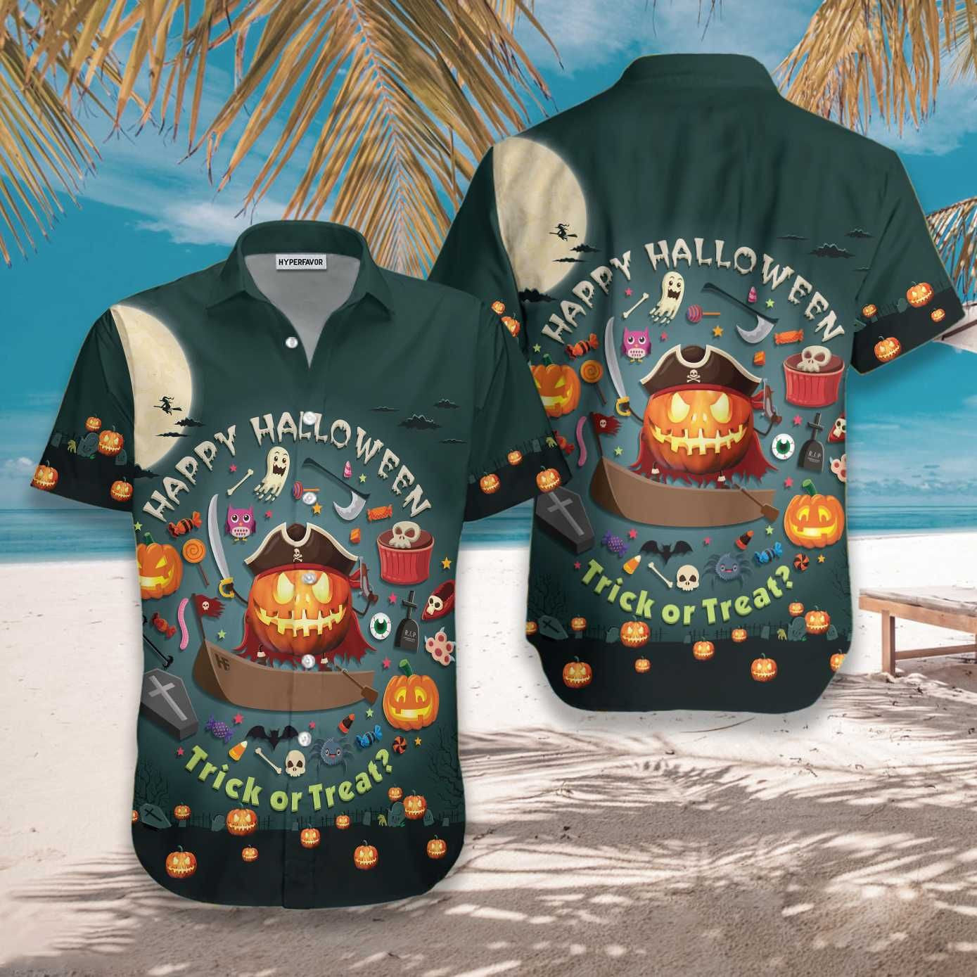 Halloween Pumpkin Pirate And Candy Design Hawaiian Shirt, Hawaiian For Gift