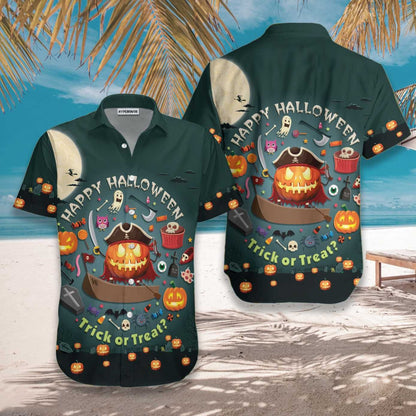 Halloween Pumpkin Pirate And Candy Design Hawaiian Shirt, Hawaiian For Gift