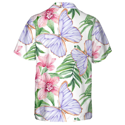 Tropical Butterflies And Pink Orchids On White Hawaiian Shirt, Hawaiian Shirt Gift, Christmas Gift