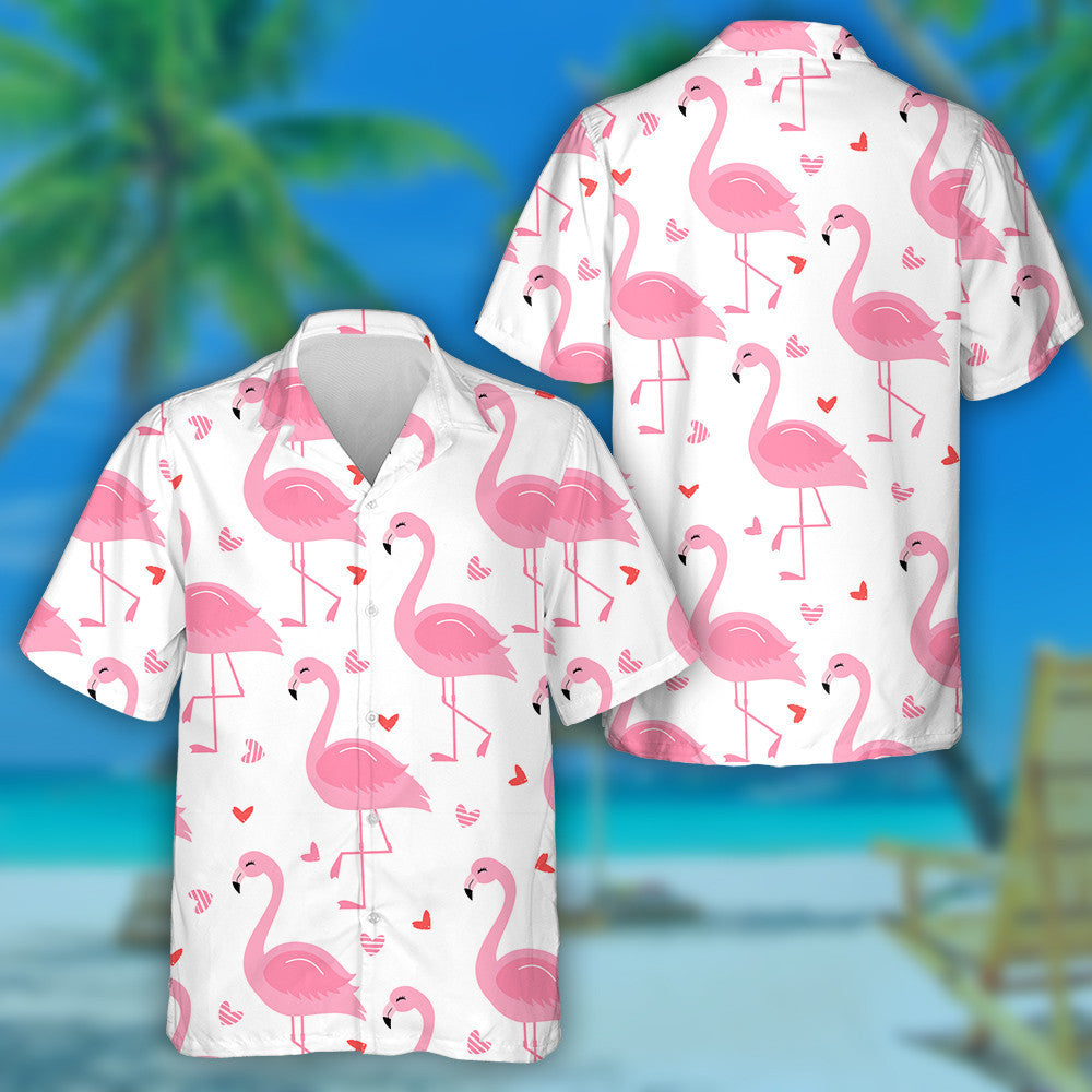 Lovely Flamingo Smiling With Small Hearts Hawaiian Shirt,Hawaiian Shirt Gift, Christmas Gift