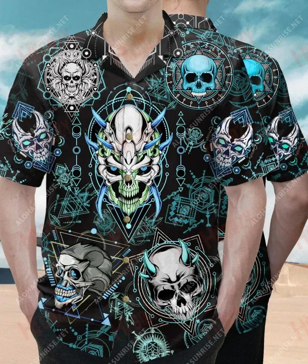 Skull Gorm Geoiméadrach Léine Gearr Muinchille Unisex Léinte Trópaiceacha an tSamhraidh Léinte Haváise Saincheaptha Léinte Greannmhar Haváís, Bronntanas Léine Haváise, Bronntanas Nollag