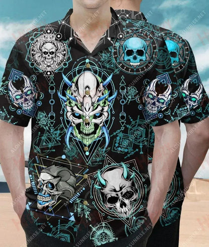 Skull Gorm Geoiméadrach Léine Gearr Muinchille Unisex Léinte Trópaiceacha an tSamhraidh Léinte Haváise Saincheaptha Léinte Greannmhar Haváís, Bronntanas Léine Haváise, Bronntanas Nollag