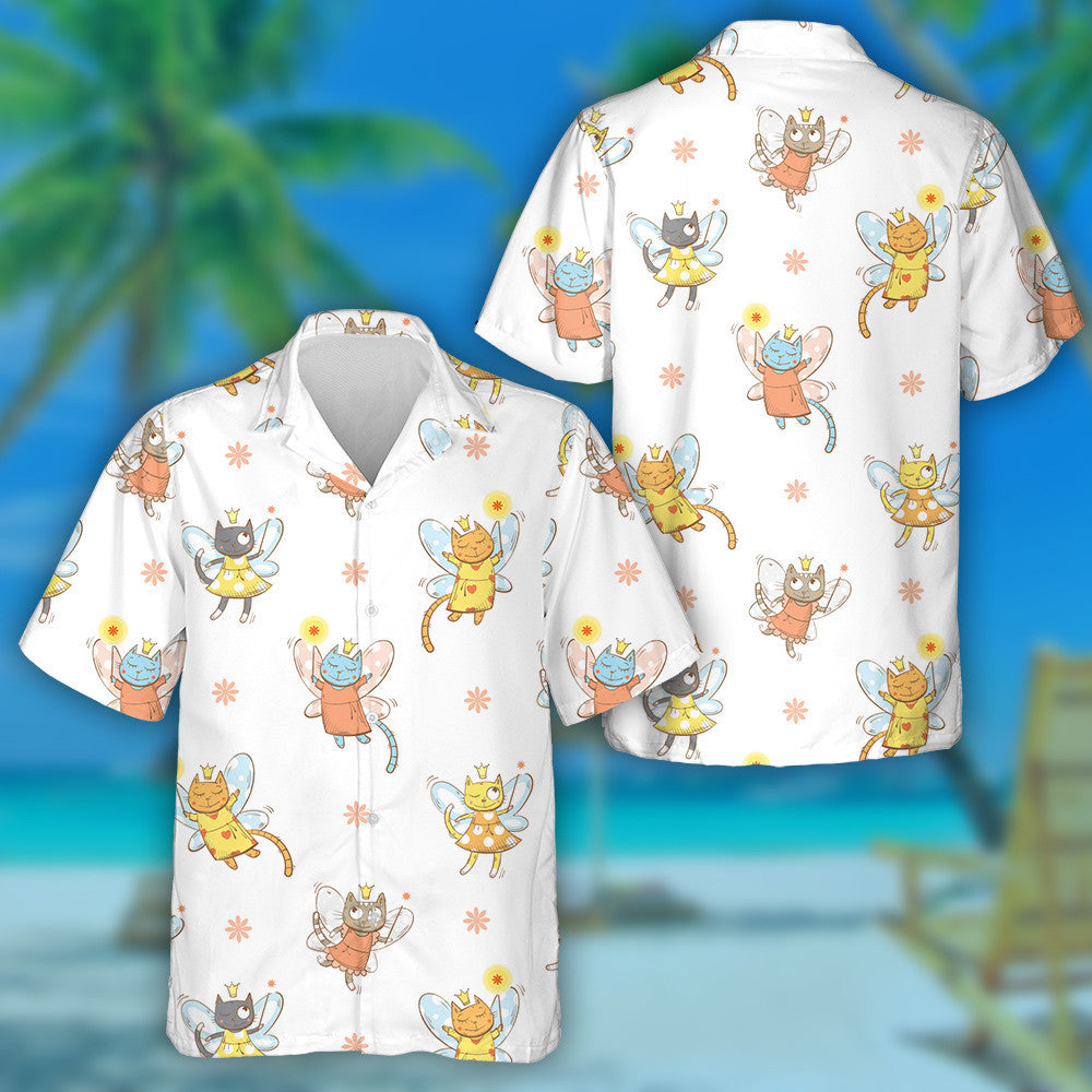 Cartoon Fairies Cats And Flowers On White Hawaiian Shirt, Hawaiian Shirt Gift, Christmas Gift