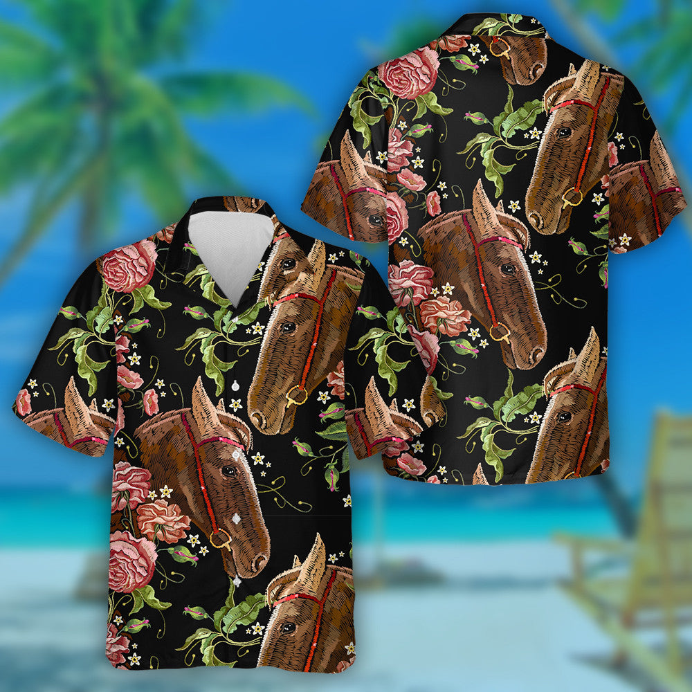 Bróidnéireacht Ceann Capall Agus Rósanna Fiáin Léine Haváís, Bronntanas Léine Haváí, Bronntanas Nollag