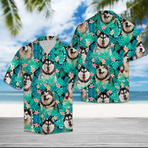 Alaskan Malamute With Tropical Flowers And Leaves Design Hawaiian Shirt, Hawaiian Shirt Gift, Christmas Gift