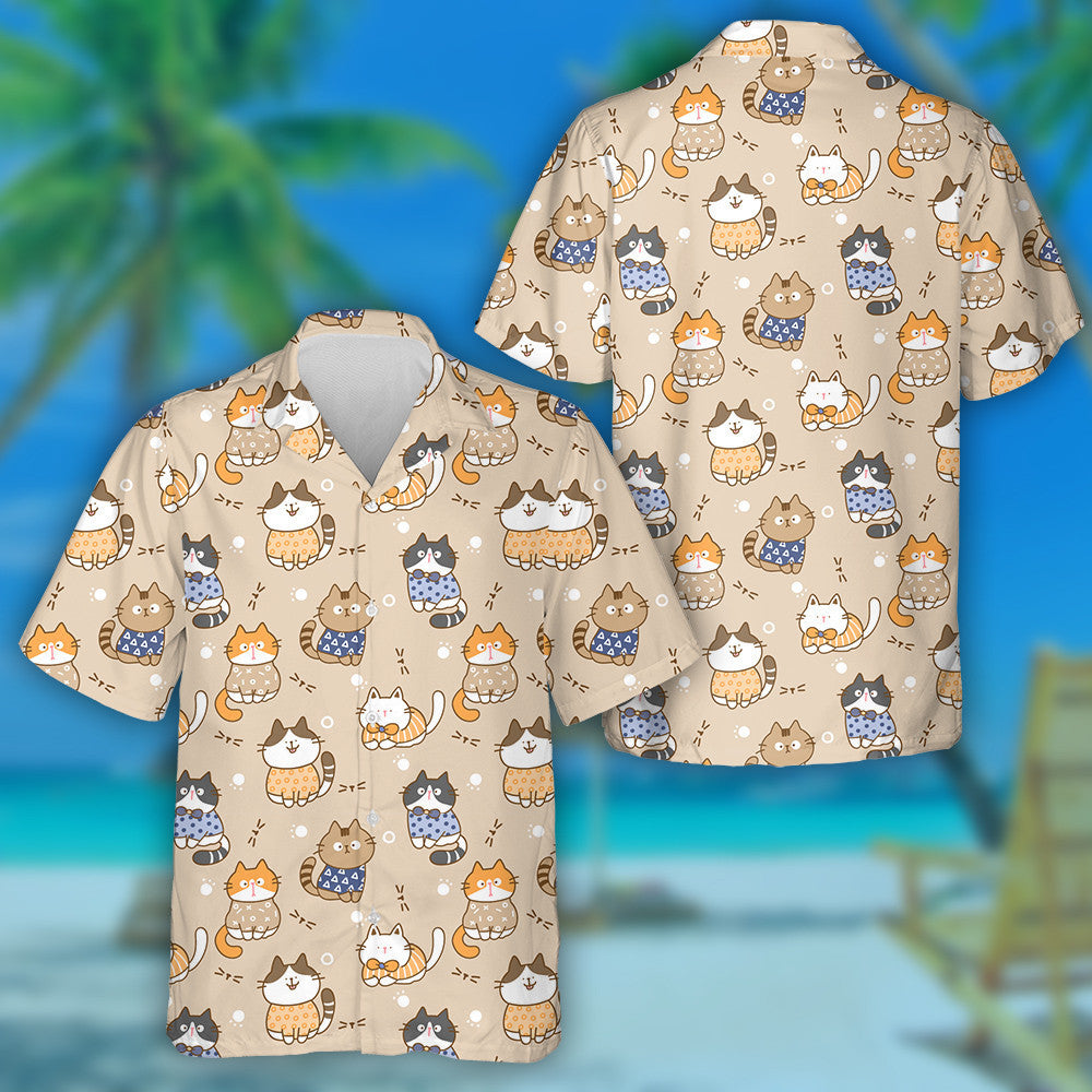Cute Cartoon Cat On Light Brown Background Hawaiian Shirt, Hawaiian Shirt Gift, Christmas Gift