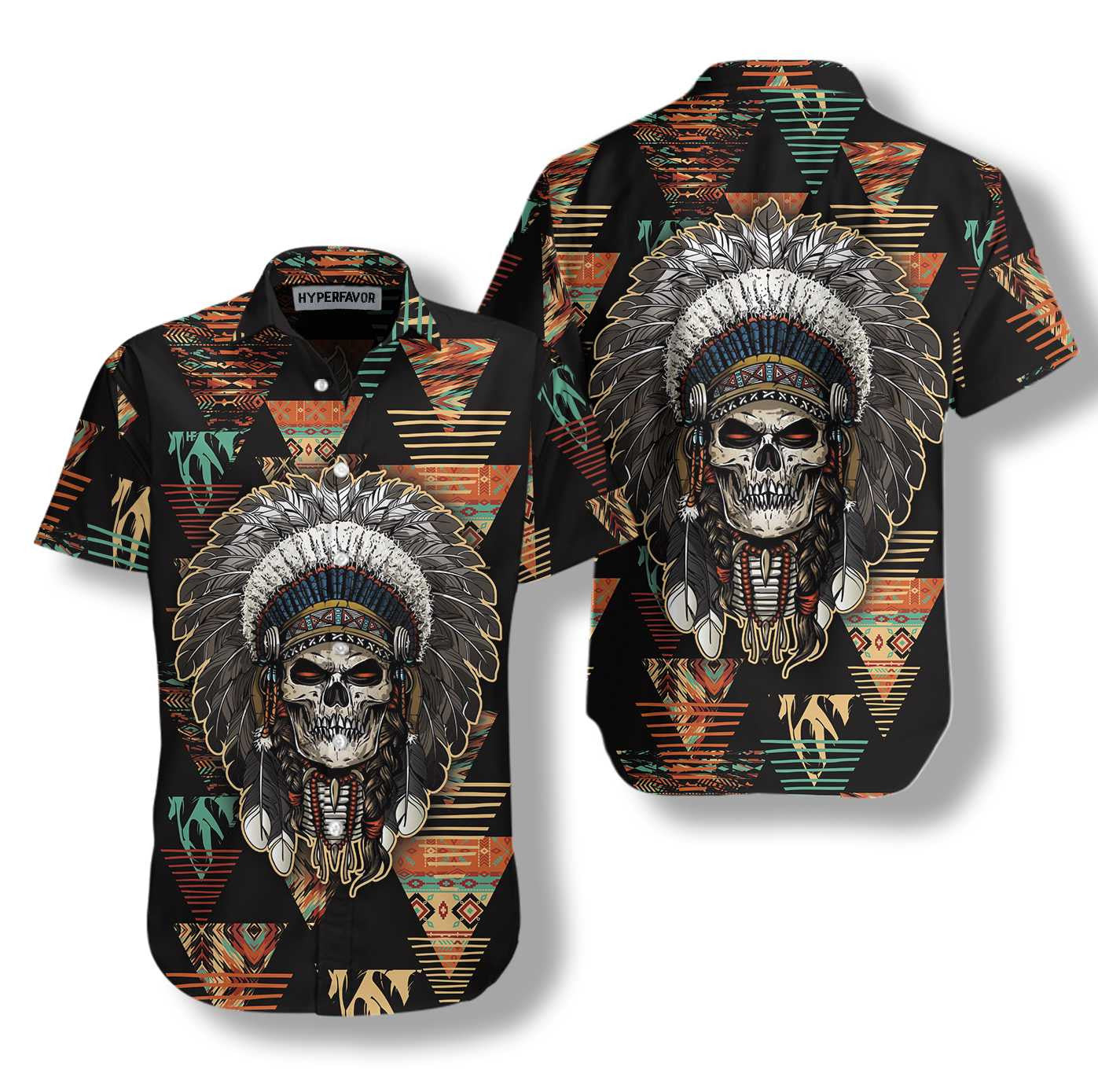 Indian Skull With Tribal Ethnic Design Hawaiian Shirt, Hawaiian For Gift
