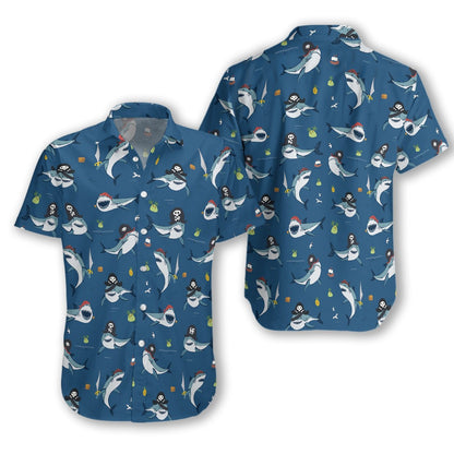 Shark Pirates On Blue Background Design Hawaiian Shirt,Hawaiian Shirt Gift, Christmas Gift