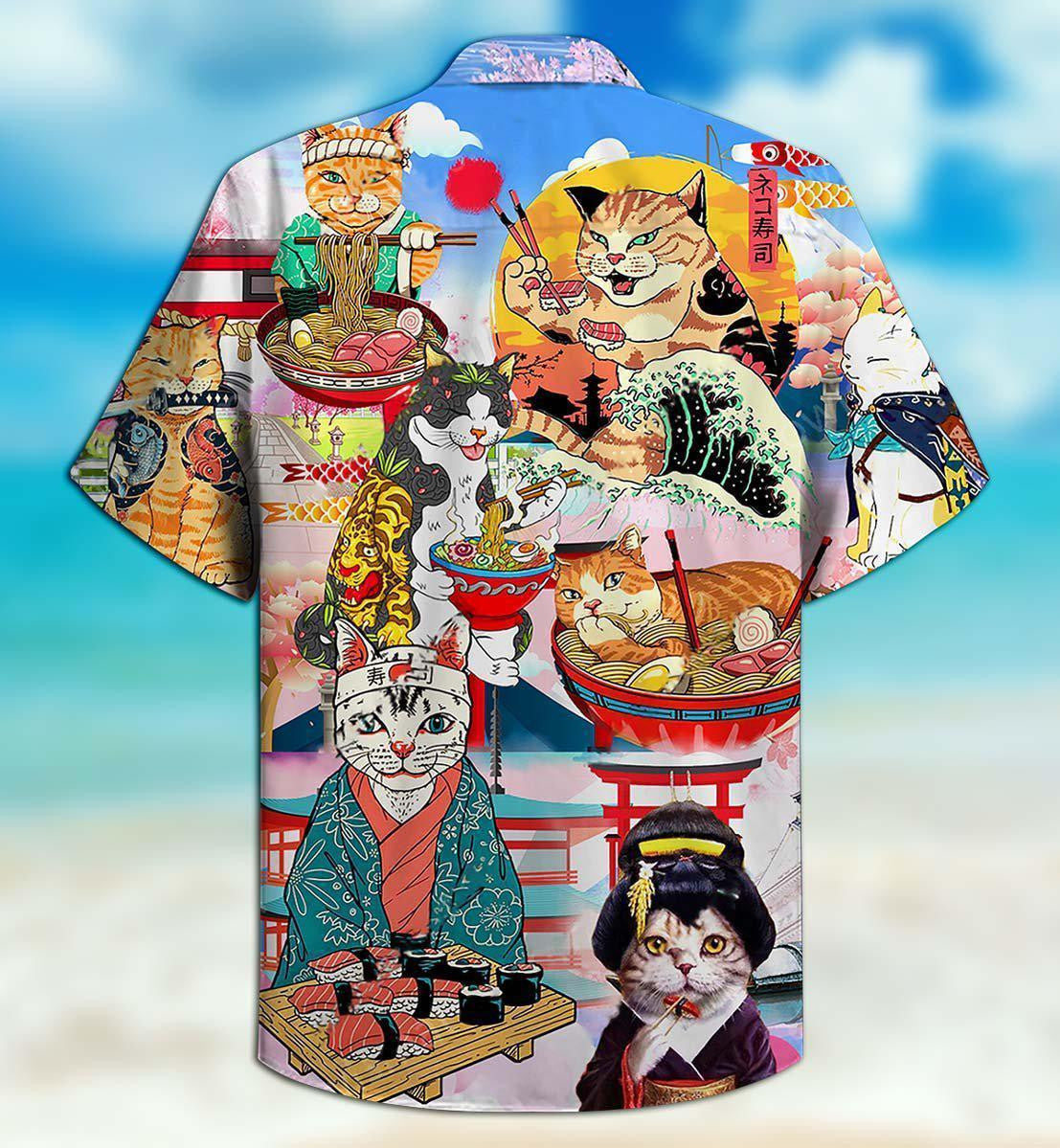 Cats Samurai With Ramen Japanese Culture Hawaiian Shirt, Hawaiian For Gift