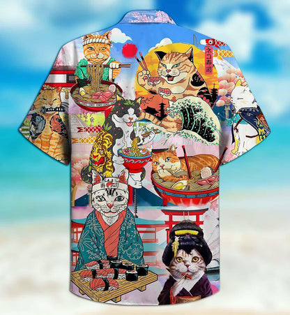 Cats Samurai With Ramen Japanese Culture Hawaiian Shirt, Hawaiian For Gift