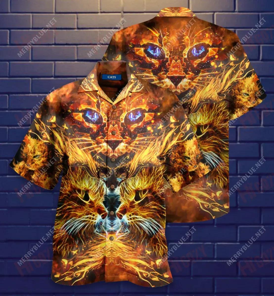 Cool Flaming Cat Short Short Sleeve Shirt Summer Aloha Shirt Hawaiian Crazy Shirts Hawaiian Shirt Pattern, Hwaiian For Gift
