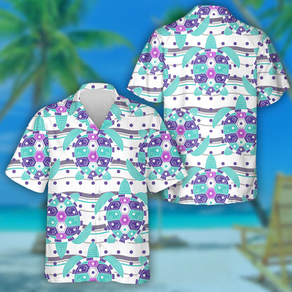 Little Cute Turtle Silhouette And With Waves Hawaiian Shirt, Hawaiian Shirt Gift, Christmas Gift