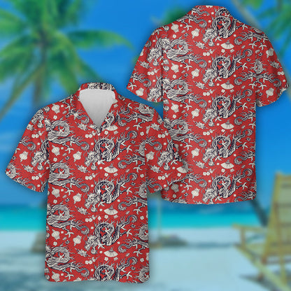 Chinese Dragons Red Lantern And Lotus Flowers Hawaiian Shirt, Hawaiian Shirt Gift, Christmas Gift