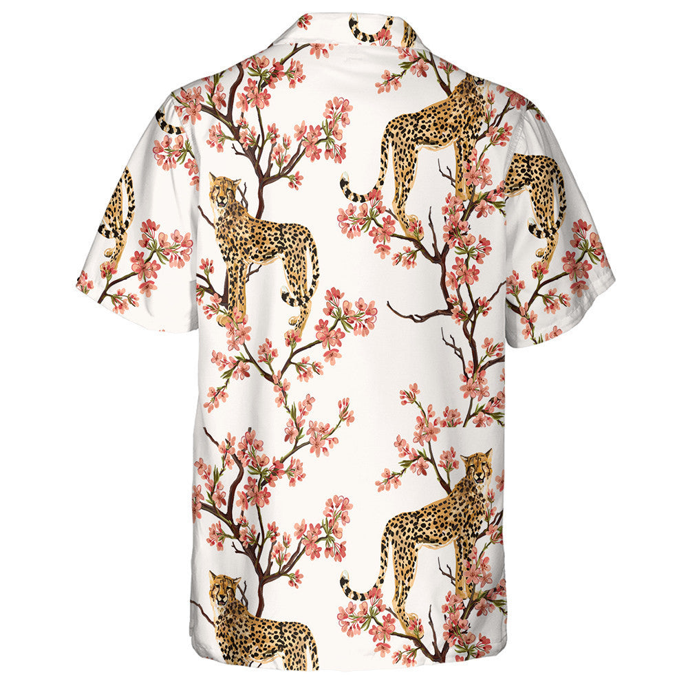Tropical Vintage Botanical Sakura Tree And Leopard Hawaiian Shirt, Hawaiian Shirt Gift, Christmas Gift