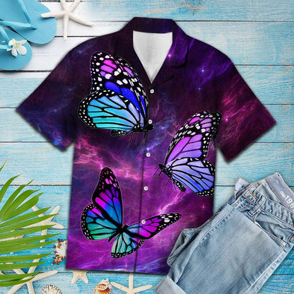 Vivid Watercolor Colored Butterfly Purple Sky Themed Pattern Hawaiian Shirt, Hawaiian Shirt Gift, Christmas Gift
