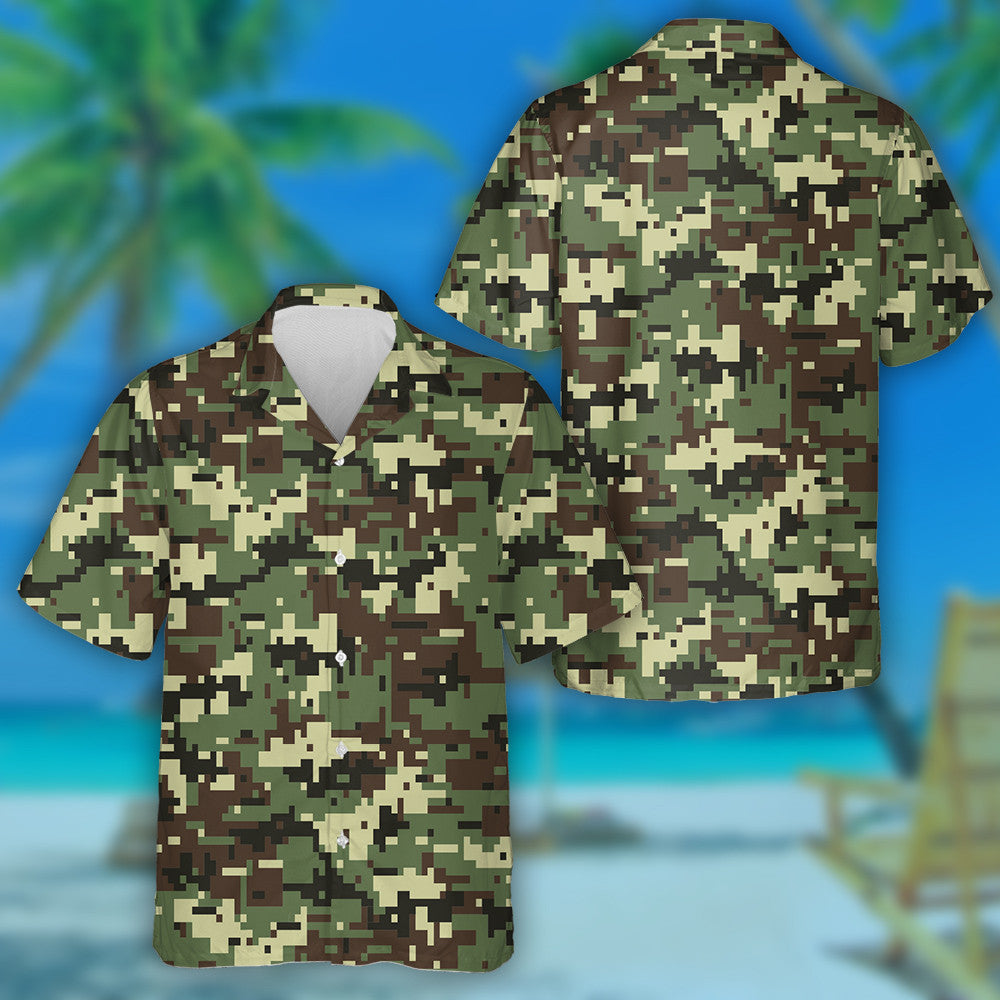Digital Pixel Dark Green Camouflage Military Textured Hawaiian Shirt, Hawaiian Shirt Gift, Christmas Gift