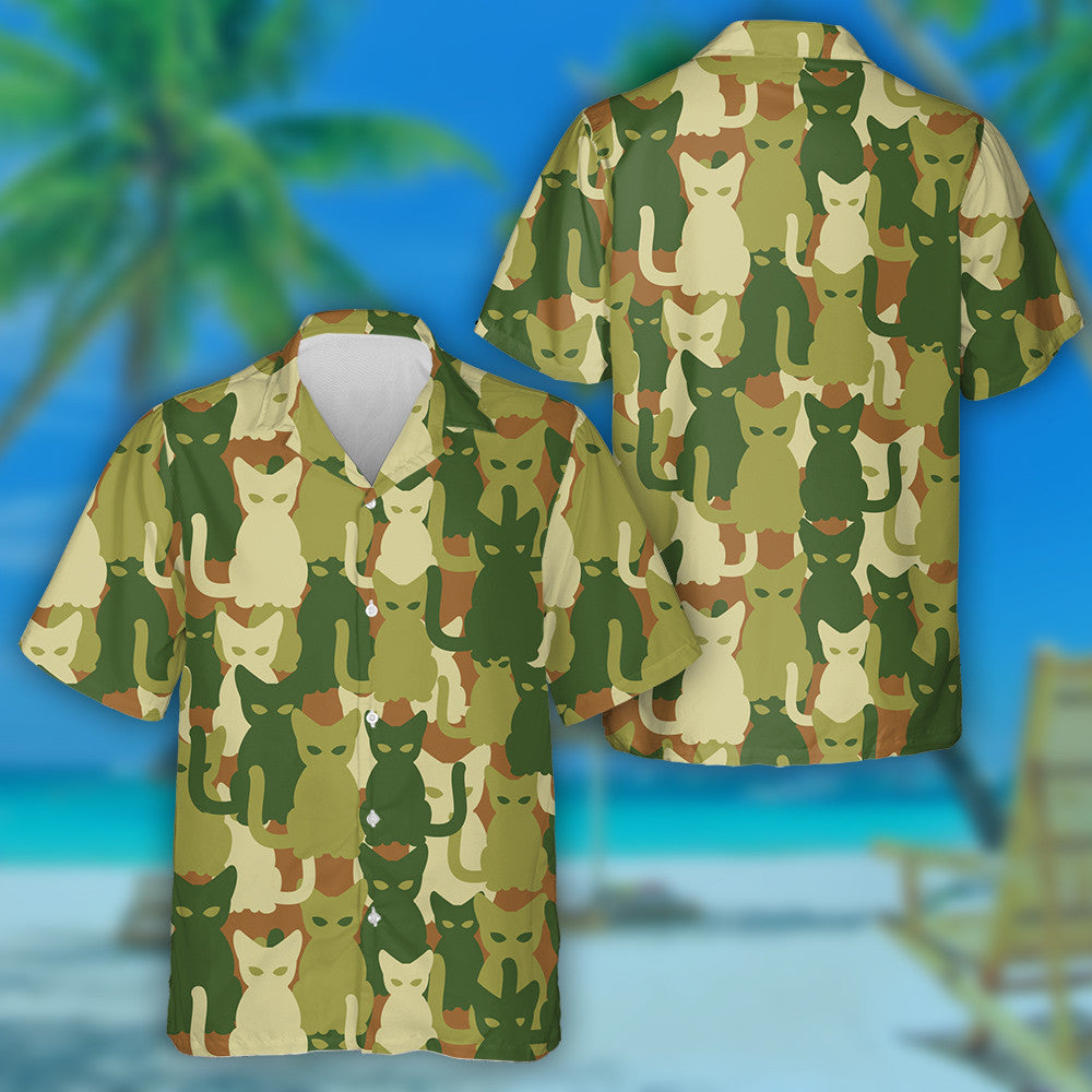 Happy Cat Silhouette Green Camo Military Pattern Hawaiian Shirt, Hawaiian Shirt Gift, Christmas Gift