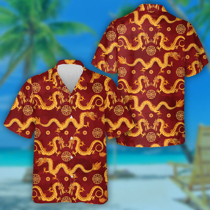 Gold Dragons Chinese Ornament On A Watercolor Hawaiian Shirt, Hawaiian Shirt Gift, Christmas Gift