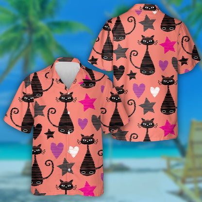Black Cat With Star And Heart On Orange Hawaiian Shirt, Hawaiian Shirt Gift, Christmas Gift