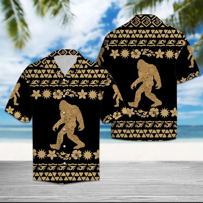 Tribal Golden Bigfoot Walking Into Forest Design Hawaiian Shirt, Hawaiian Shirt Gift, Christmas Gift