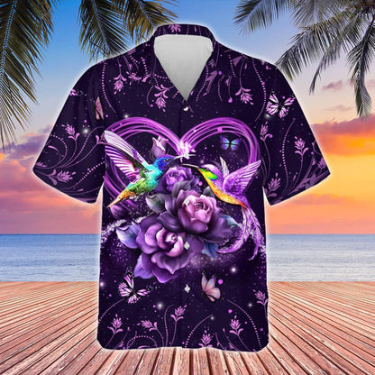 Bird Species Flying Hummingbird Roses Design Hawaiian Shirt, Hawaiian For Gift