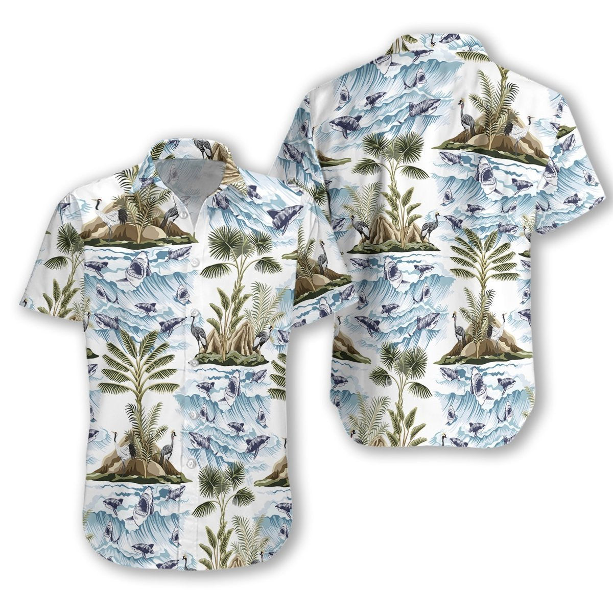 Shark And Leaves On White Background Pattern Hawaiian Shirt, Hawaiian Shirt Gift, Christmas Gift
