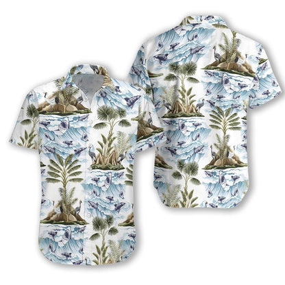 Shark And Leaves On White Background Pattern Hawaiian Shirt, Hawaiian Shirt Gift, Christmas Gift