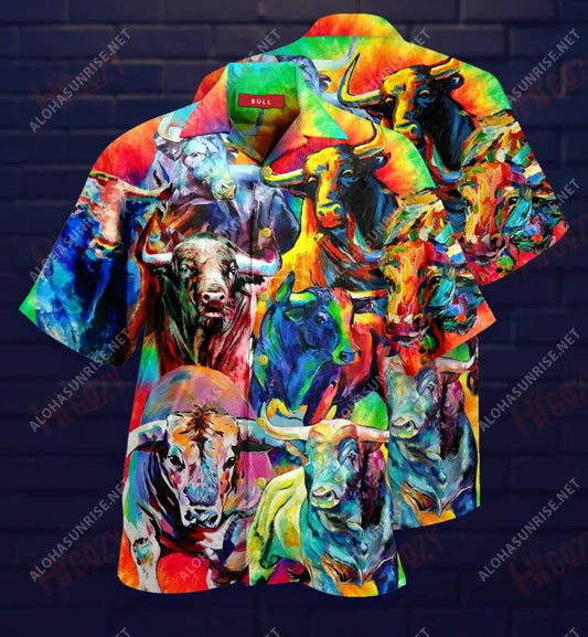 Colorful Bulls Short Sleeve Shirt Ocean Aloha Shirt Best Hawaiian Shirts Hawaiian Shirts For Women, Hwaiian For Gift