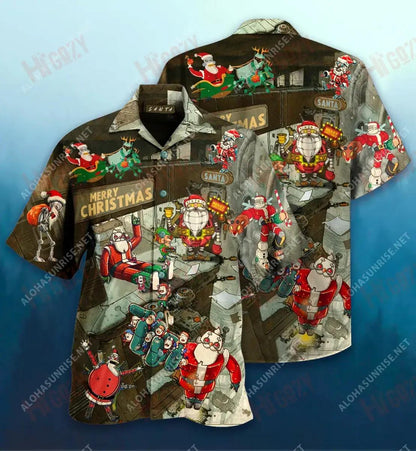 Robot Santa Shona Nollag Gearr Léine Haváís Muinchille Gearr Samhraidh Léinte Crazy Haváís Patrún Léine Haváíais, Bronntanas Léine Haváís, Bronntanas Nollag