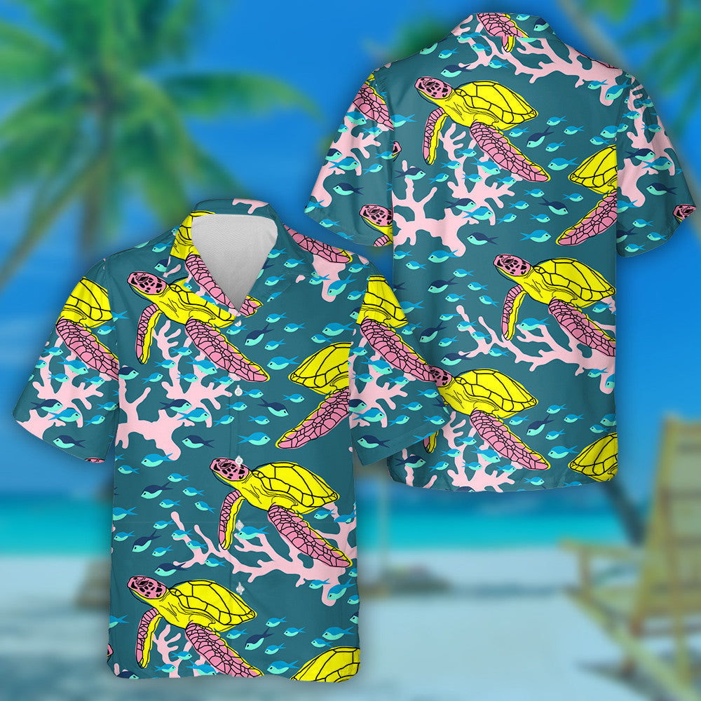 Exotic Marine Turtle And Coral Illustration Hawaiian Shirt,Hawaiian Shirt Gift, Christmas Gift