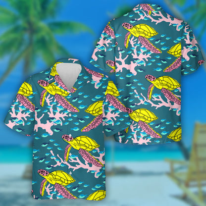 Exotic Marine Turtle And Coral Illustration Hawaiian Shirt,Hawaiian Shirt Gift, Christmas Gift