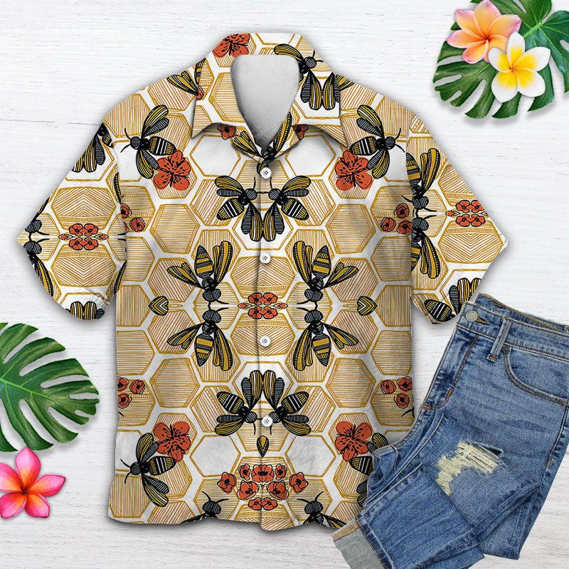 Vintage Flower Honey Bee Hexagon Background Pattern Hawaiian Shirt, Hawaiian Shirt Gift, Christmas Gift