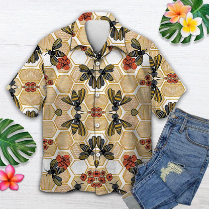 Vintage Flower Honey Bee Hexagon Background Pattern Hawaiian Shirt, Hawaiian Shirt Gift, Christmas Gift