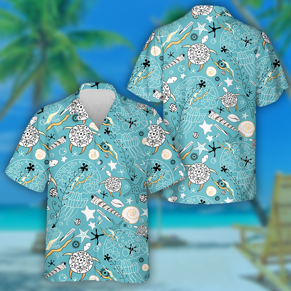 Sea Turtles And Jellyfish Tribal Background Hawaiian Shirt,Hawaiian Shirt Gift, Christmas Gift