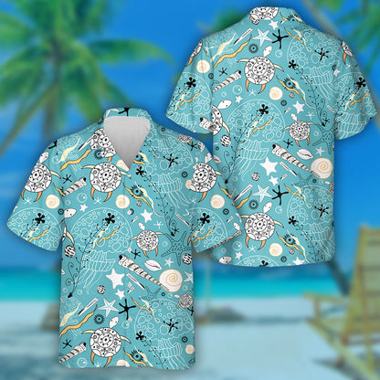 Sea Turtles And Jellyfish Tribal Background Hawaiian Shirt,Hawaiian Shirt Gift, Christmas Gift