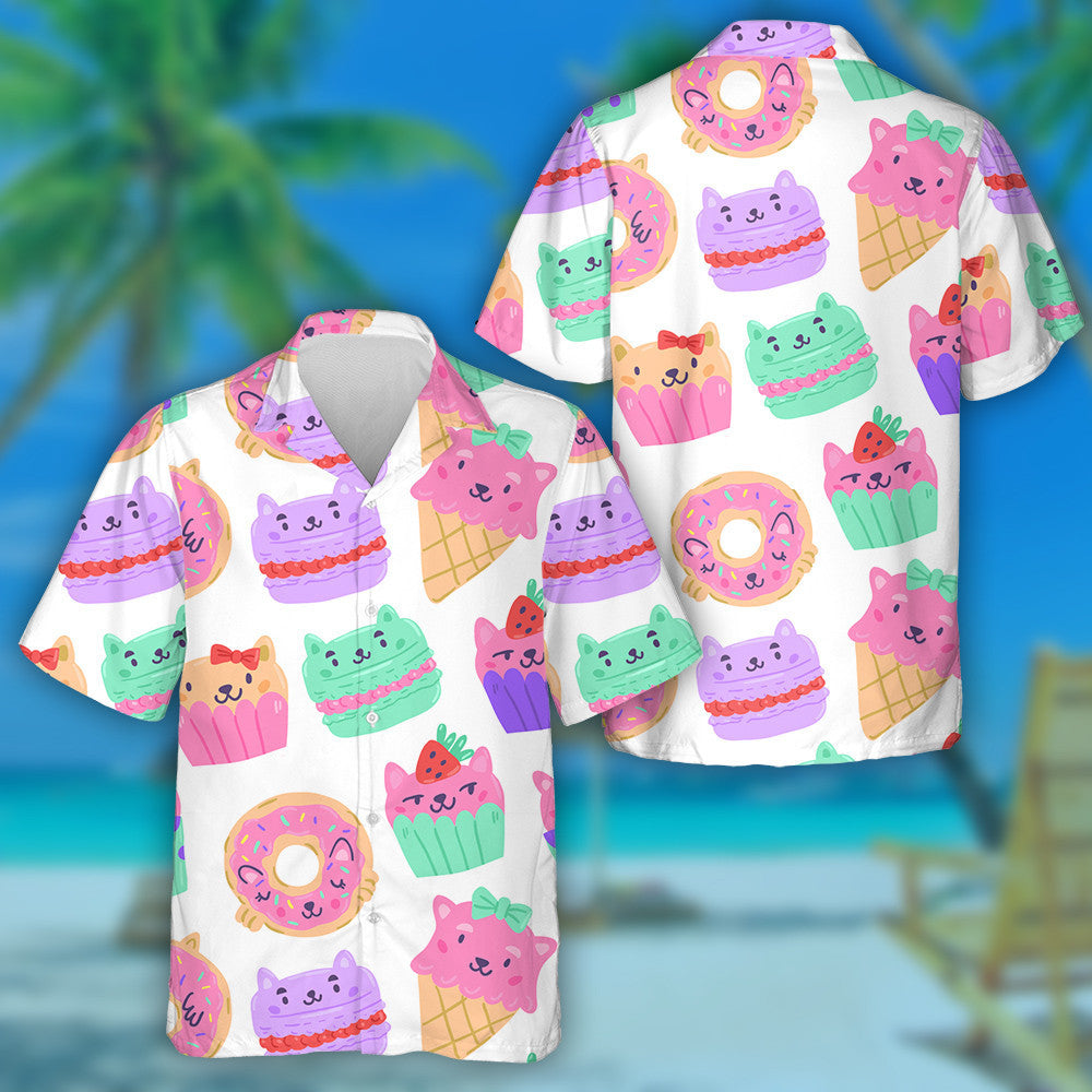 Cat Muffins Cupcakes And Macarons On White Hawaiian Shirt, Hawaiian Shirt Gift, Christmas Gift