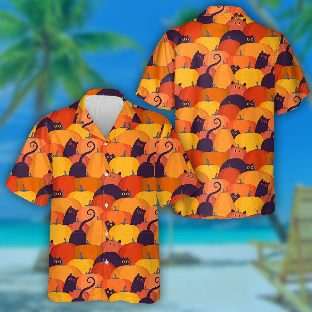 Autumn Ornament With Orange Pumpkins And Cats Hawaiian Shirt, Hawaiian Shirt Gift, Christmas Gift