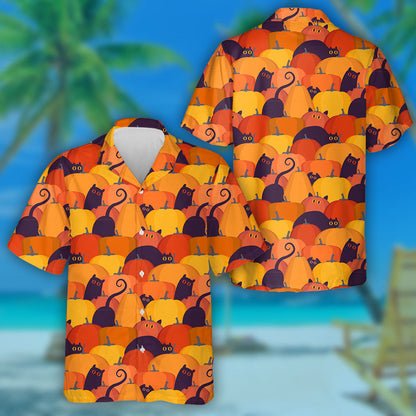 Autumn Ornament With Orange Pumpkins And Cats Hawaiian Shirt, Hawaiian Shirt Gift, Christmas Gift