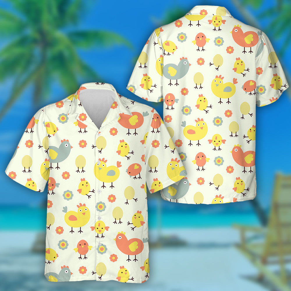 Sicín Greannmhar le Uibheacha Agus Bláth ar Chúlra Beige Léine Haváí, Bronntanas Léine Haváís, Bronntanas Nollag