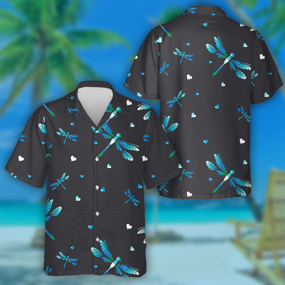 Bright Blue Flying Dragonfly And Heart Hawaiian Shirt, Hawaiian For Gift