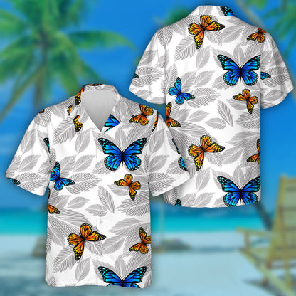 Graphic Duilleoga Liath Monacrómach le Féileacáin Léine Haváí, Bronntanas Léine Haváí, Bronntanas Nollag