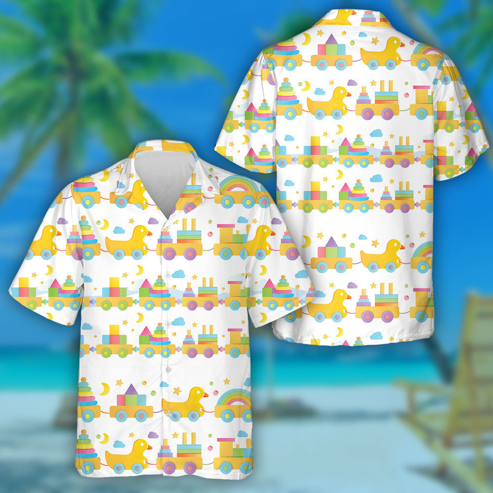 Hand Drawn Cute Duck And Wooden Train Hawaiian Shirt, Hawaiian Shirt Gift, Christmas Gift