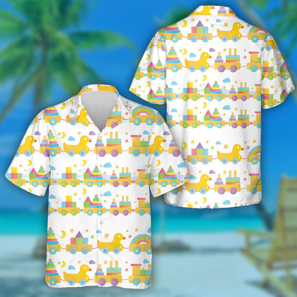 Hand Drawn Cute Duck And Wooden Train Hawaiian Shirt, Hawaiian Shirt Gift, Christmas Gift