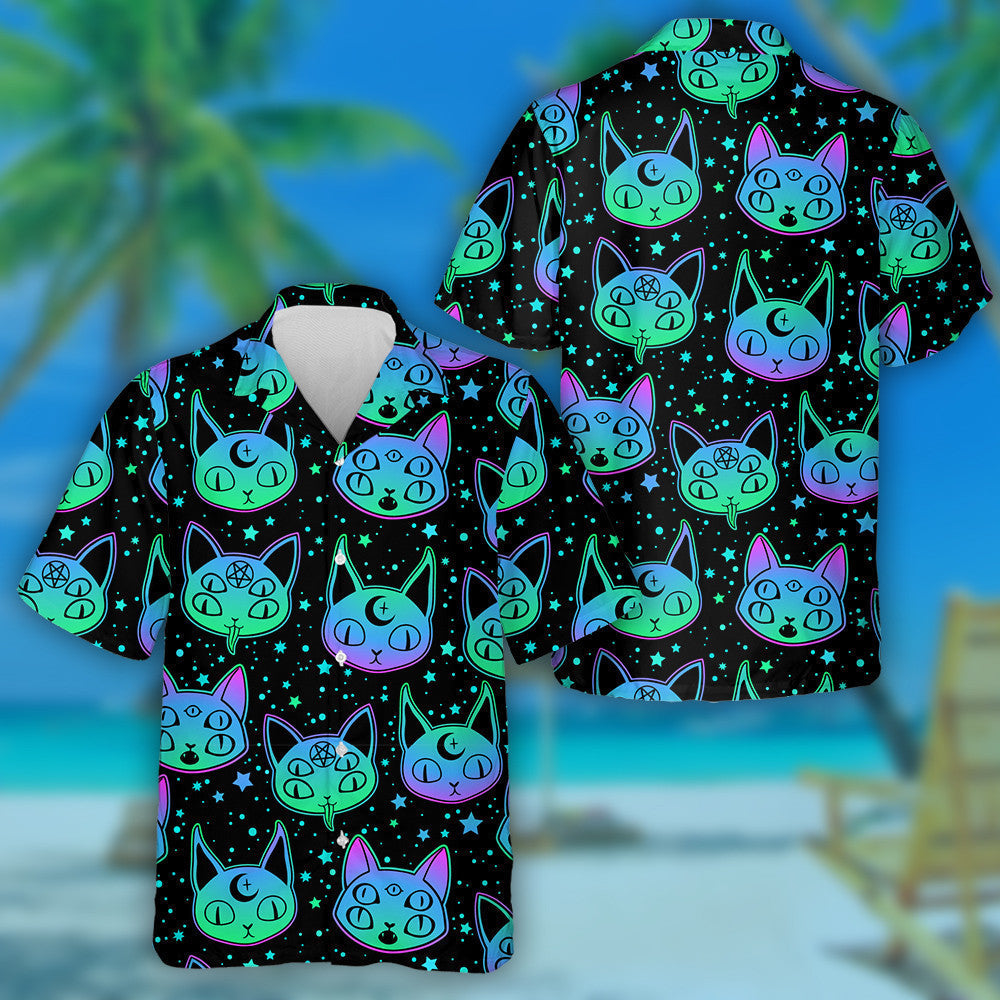 Cute Cartoon Witchcraft Cat Head And Star Hawaiian Shirt, Hawaiian Shirt Gift, Christmas Gift